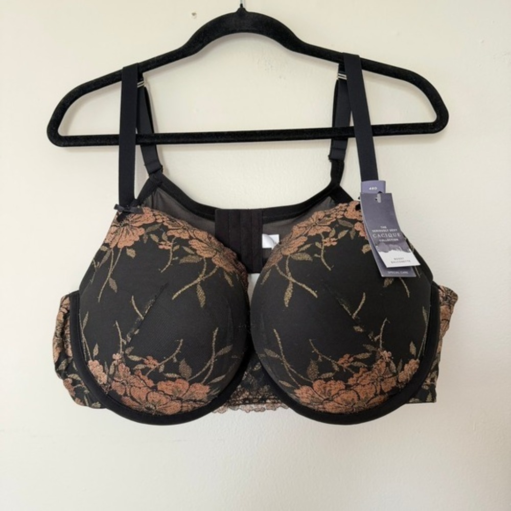 Cacique Boost Balconette Bra 48D Black Rose Gold Metallic Floral Lace Underwire